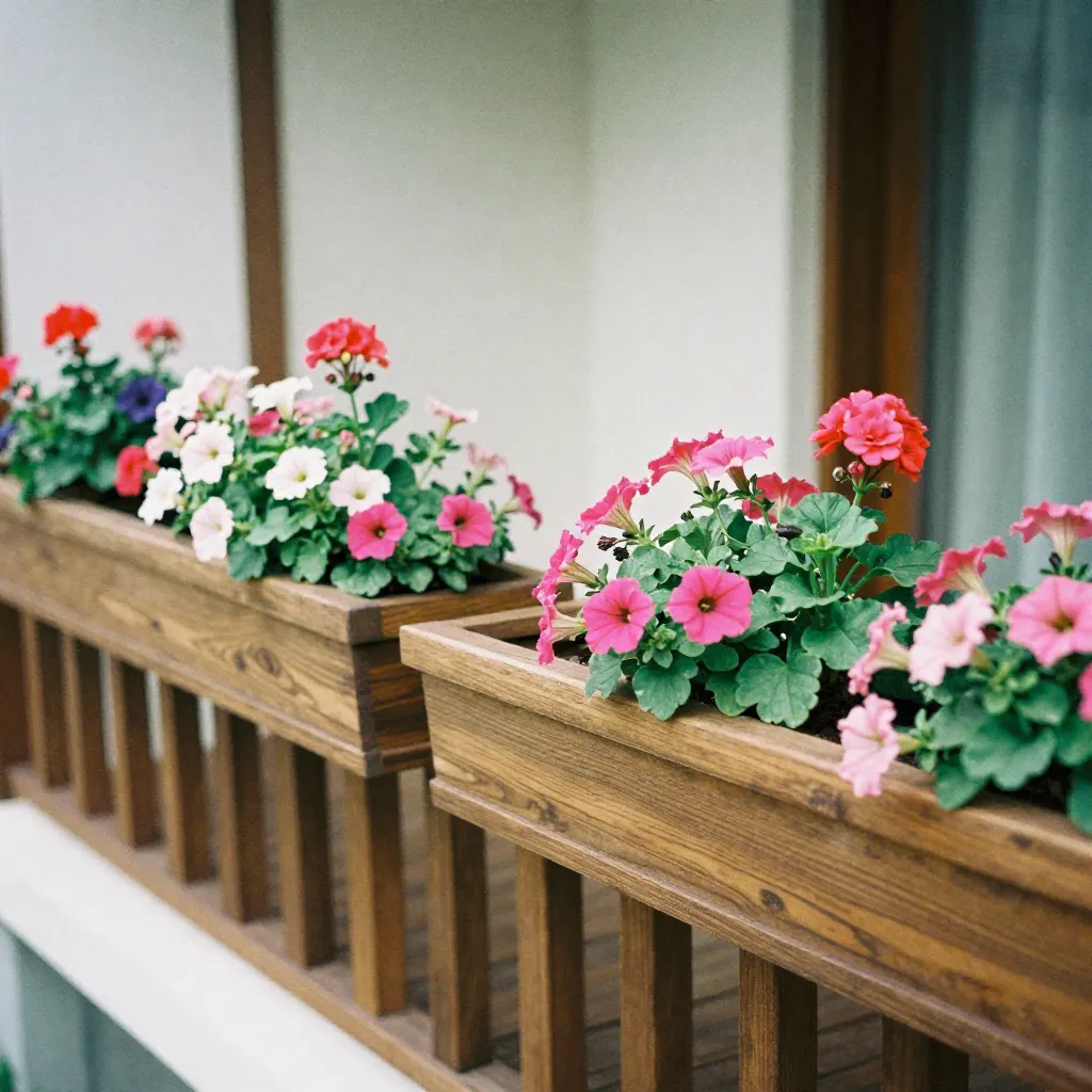 Small balcony with warm coloured annual flowers in compact planters