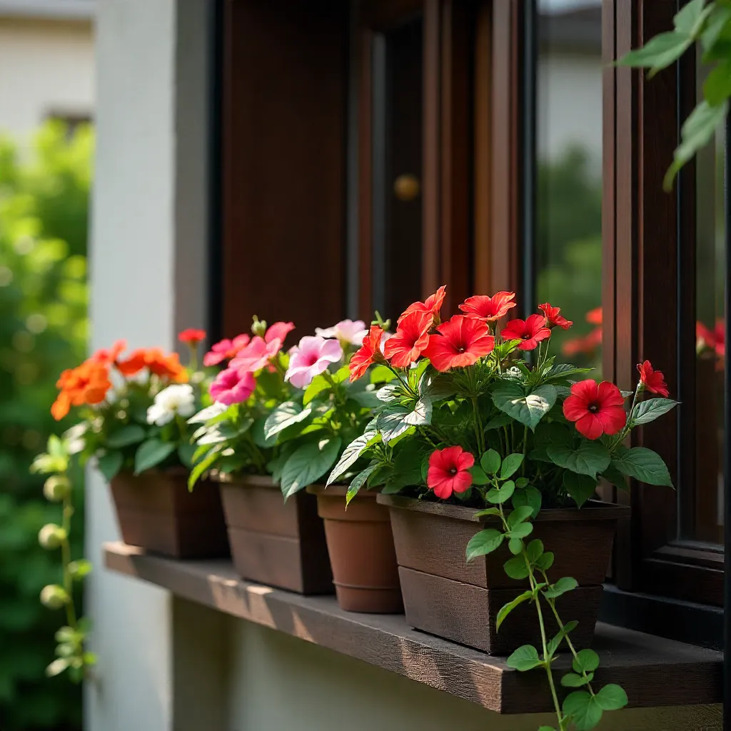 Large balcony arrangement with mixed annual flowers in various colours