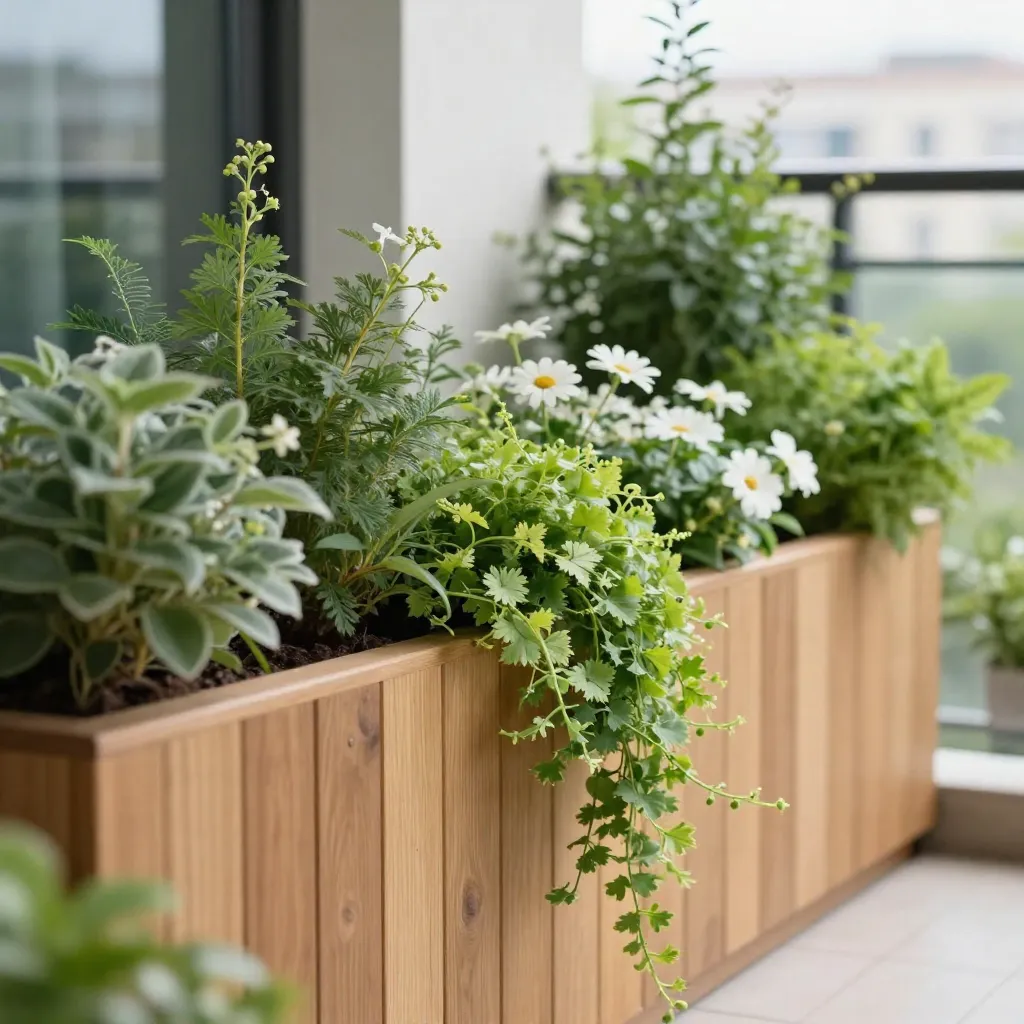 Compact small balcony design with warm toned annual flowers