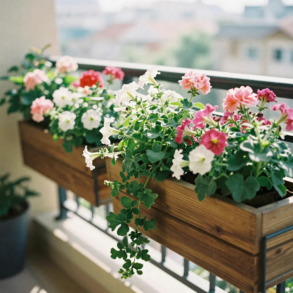 Medium balcony with mixed perennial plants in harmonious arrangement