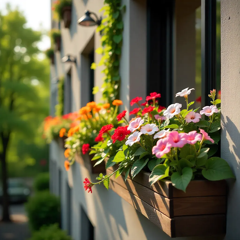 Small balcony arrangement with cool coloured annual flowers