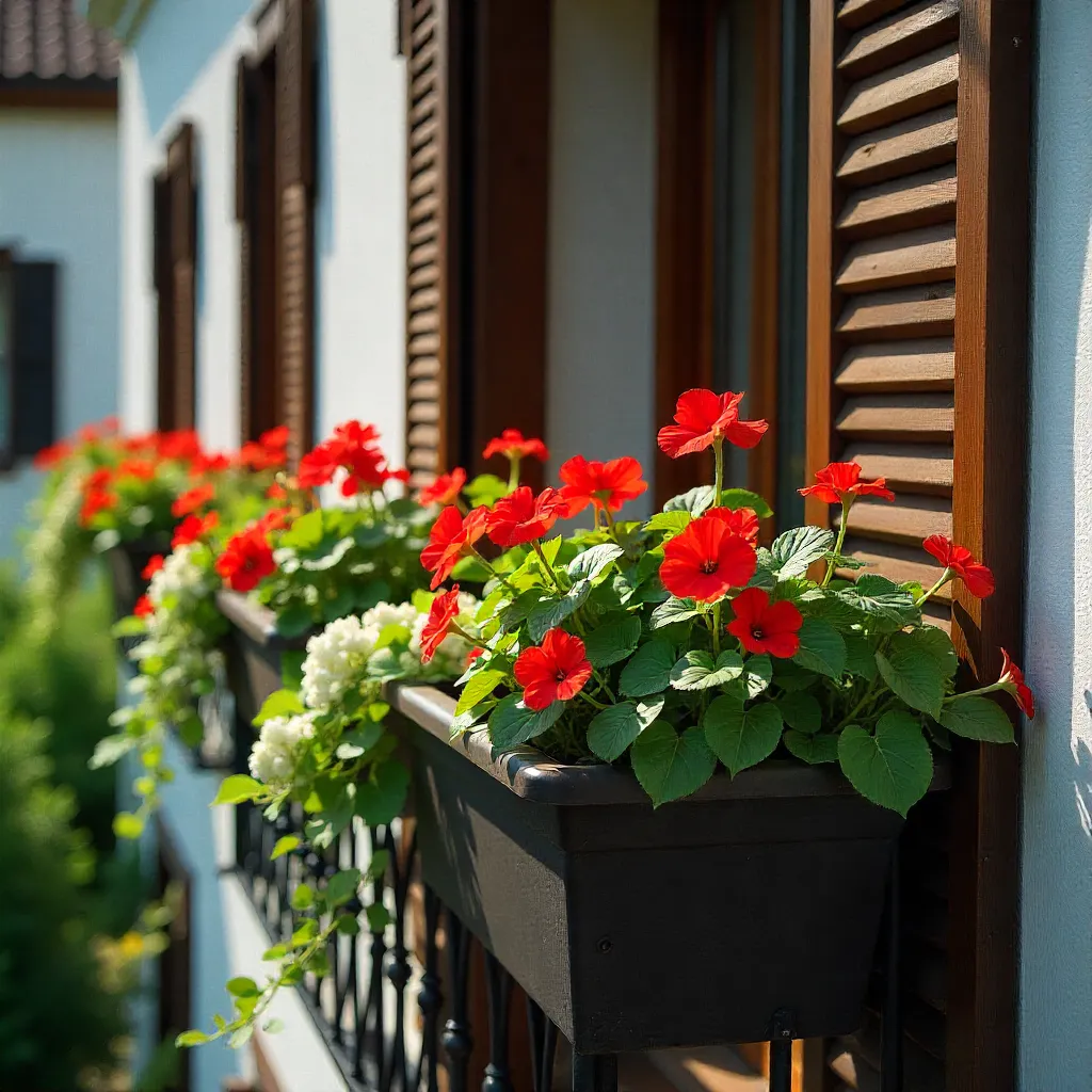 Medium sized balcony garden with warm coloured perennial plants