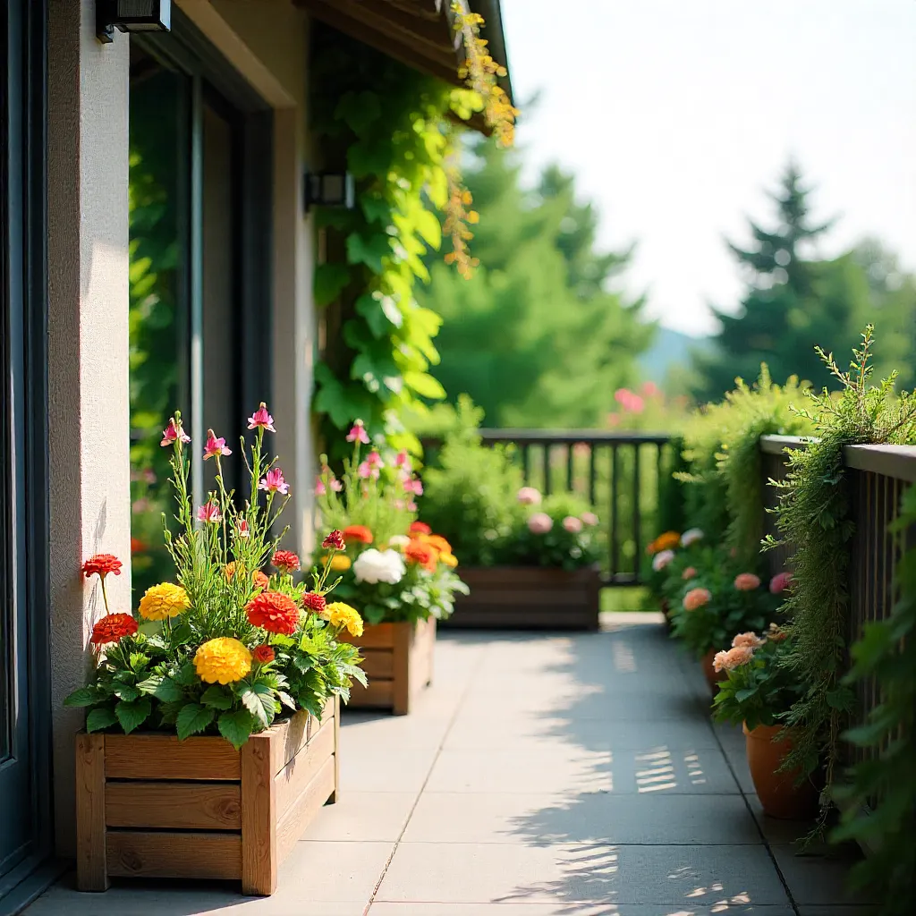 Large balcony display with cool toned annual flowers