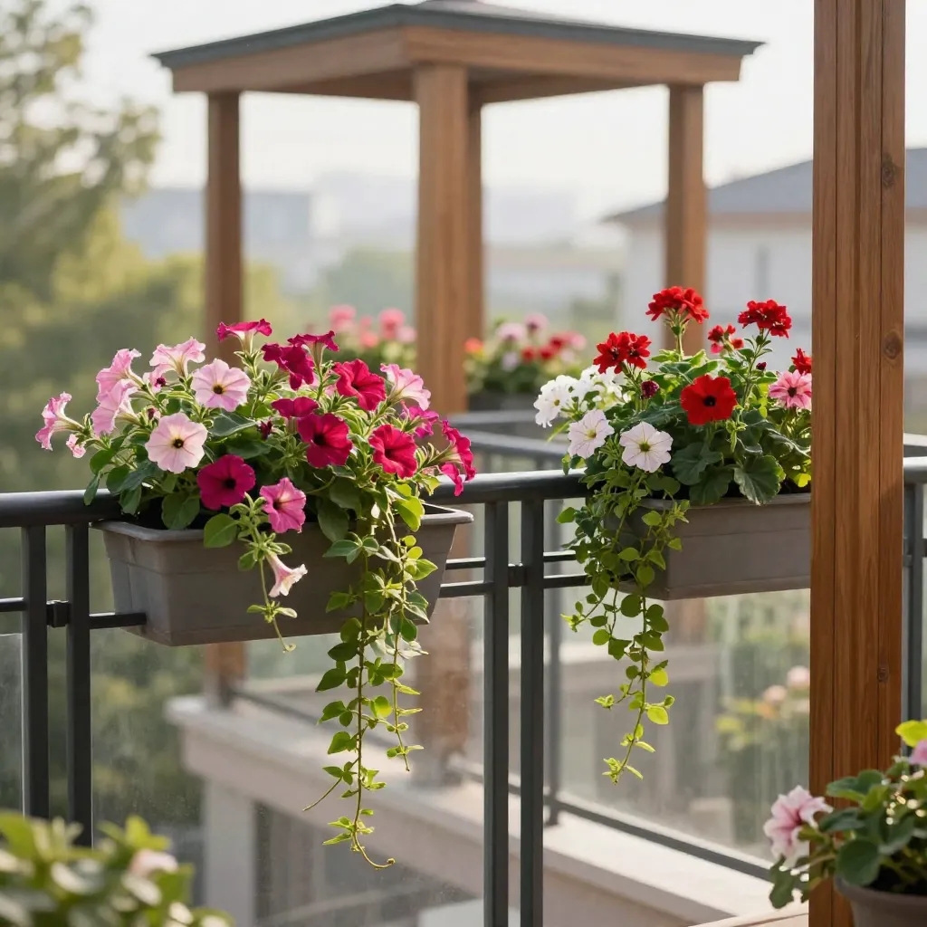 Small balcony with mixed coloured annual flowers