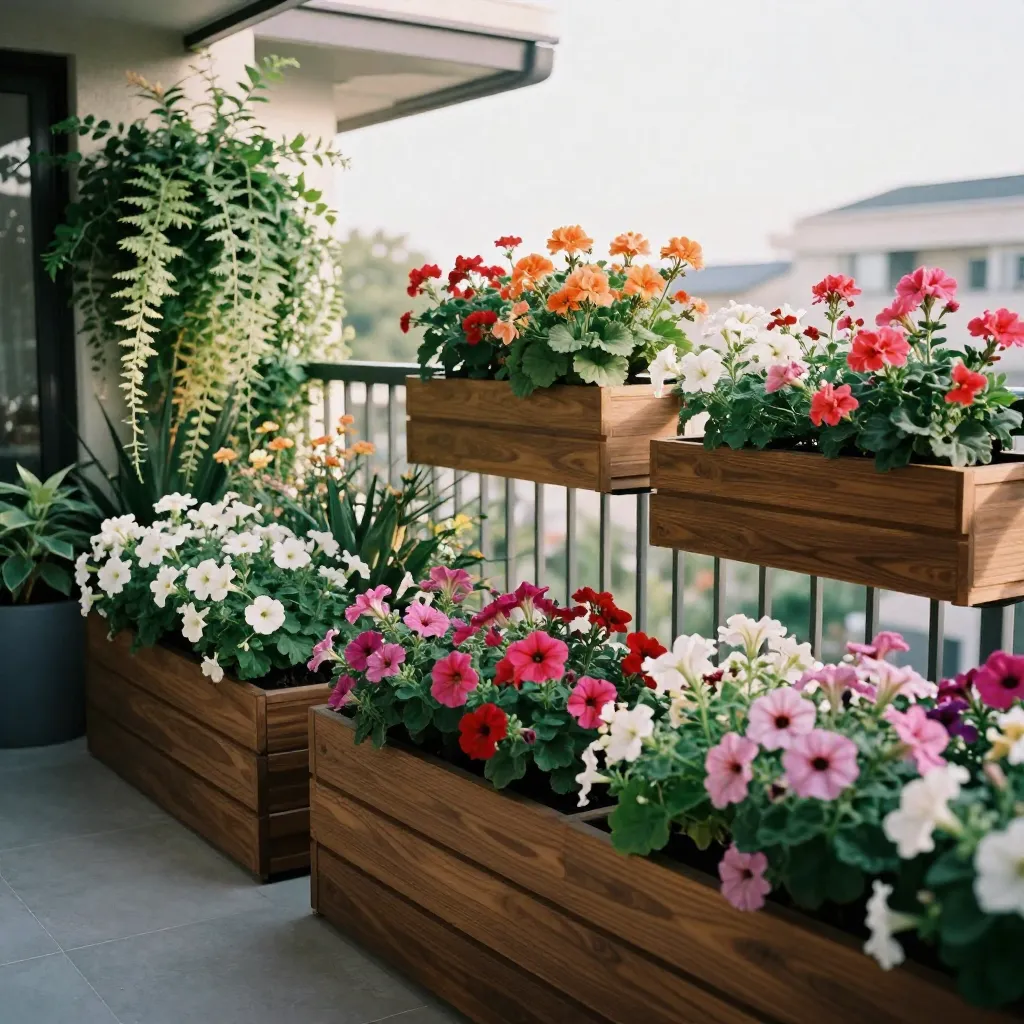 Medium balcony garden with cool coloured annual plants