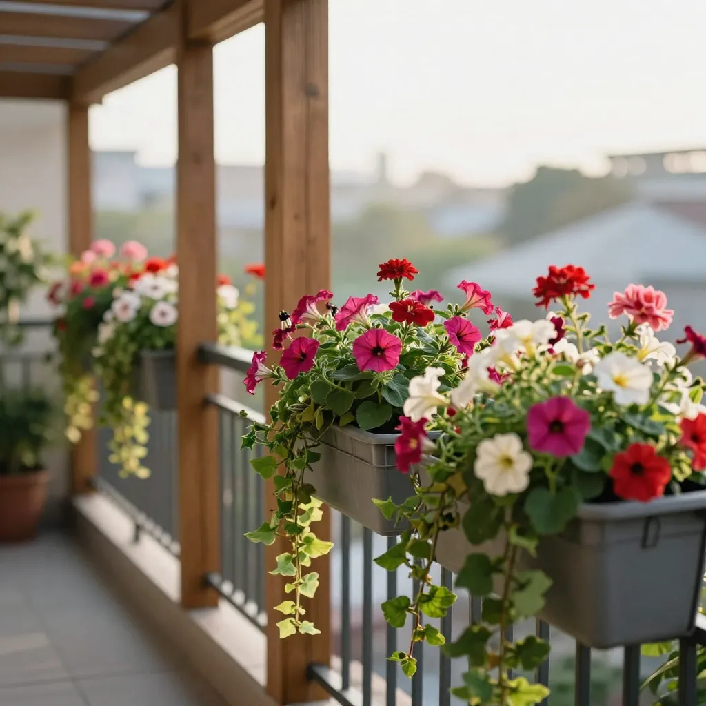 Medium sized balcony with warm coloured annual flowers