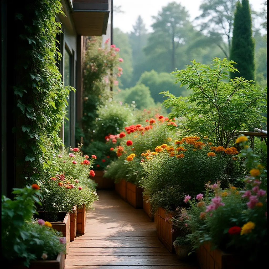 Small balcony arrangement with mixed perennial flowers